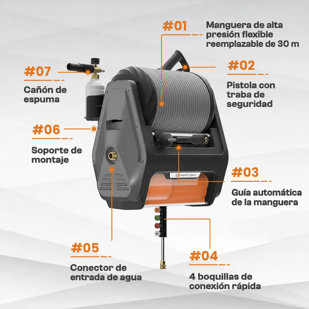 Kit Hidrolavadora de Alta Presión + Manguera de 30 m + Cañón de Espuma de regalo